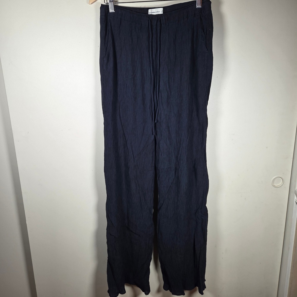 Abercrombie & Fitch Wide Leg Pants Womens SL Navy Blue Crinkle Drawstring Beachy